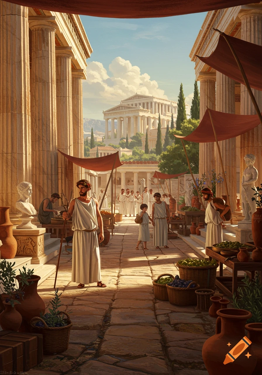 A vibrant market scene in Ancient Greece with people, stalls, and grand temples under a bright sky.