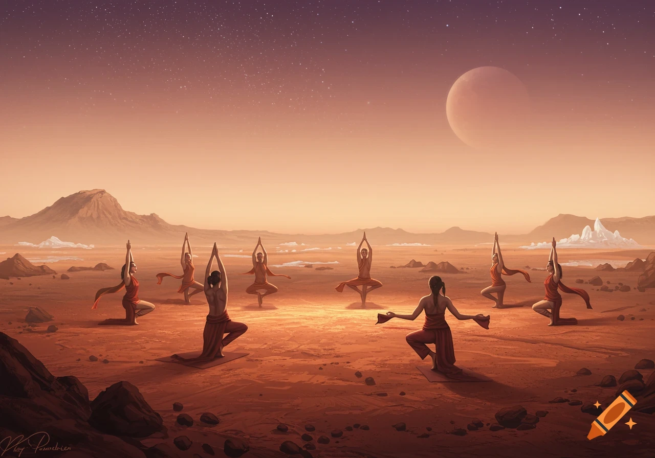 Yogis performing yoga poses on a red desert planet under a star-filled sky with a large moon and distant mountains, digital painting.