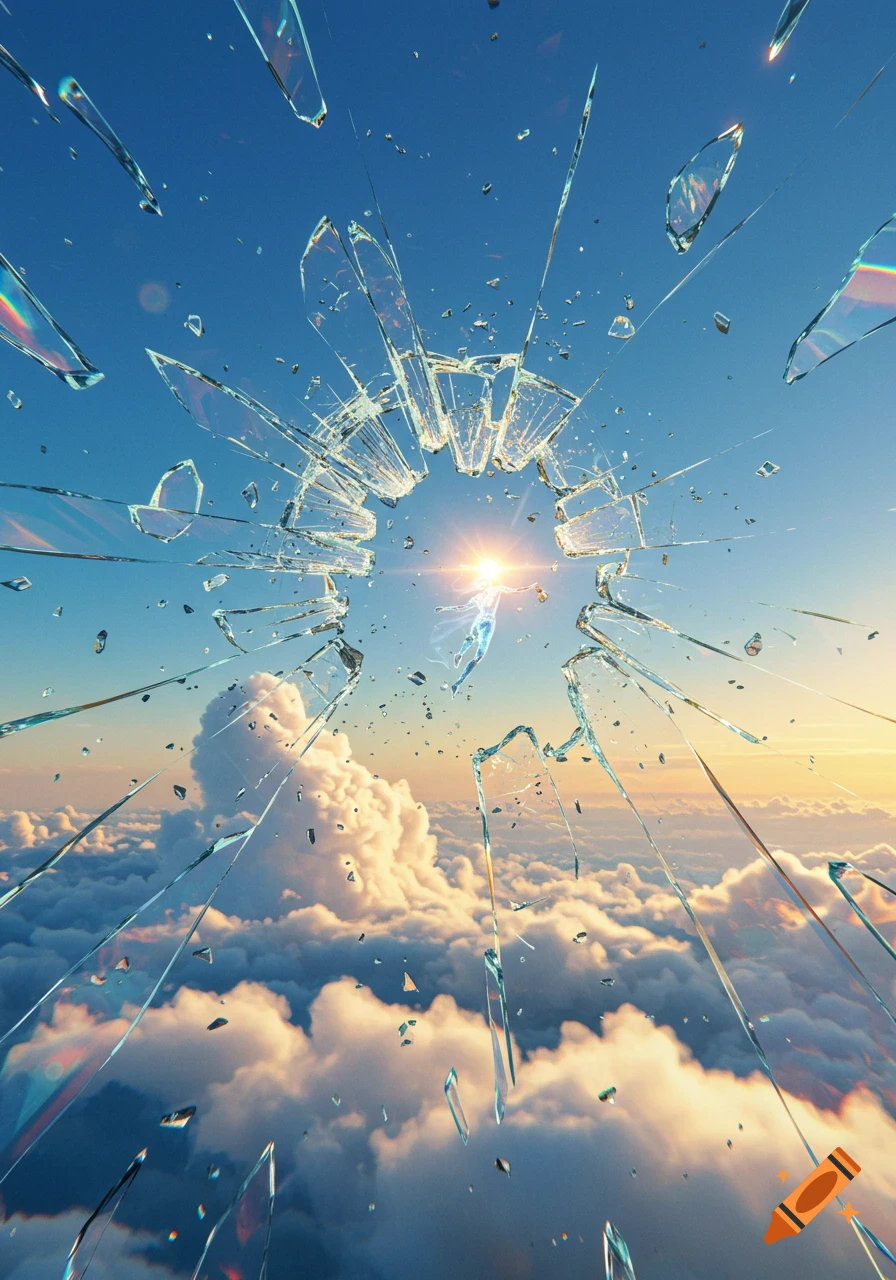 An ethereal figure bursts through shattered glass above white clouds, into a bright blue sky with a glowing sun.