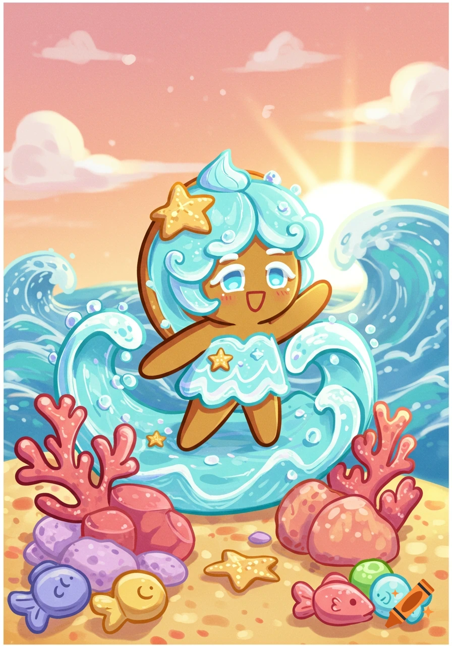 A cute cartoon cookie character with blue water hair stands in ocean waves on a beach with coral and fish under a sunset sky.