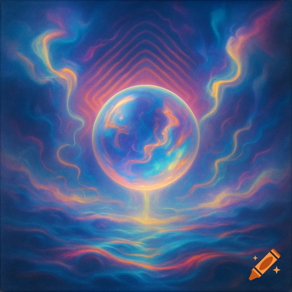Abstract art of a glowing blue and orange orb surrounded by swirling, psychedelic patterns.