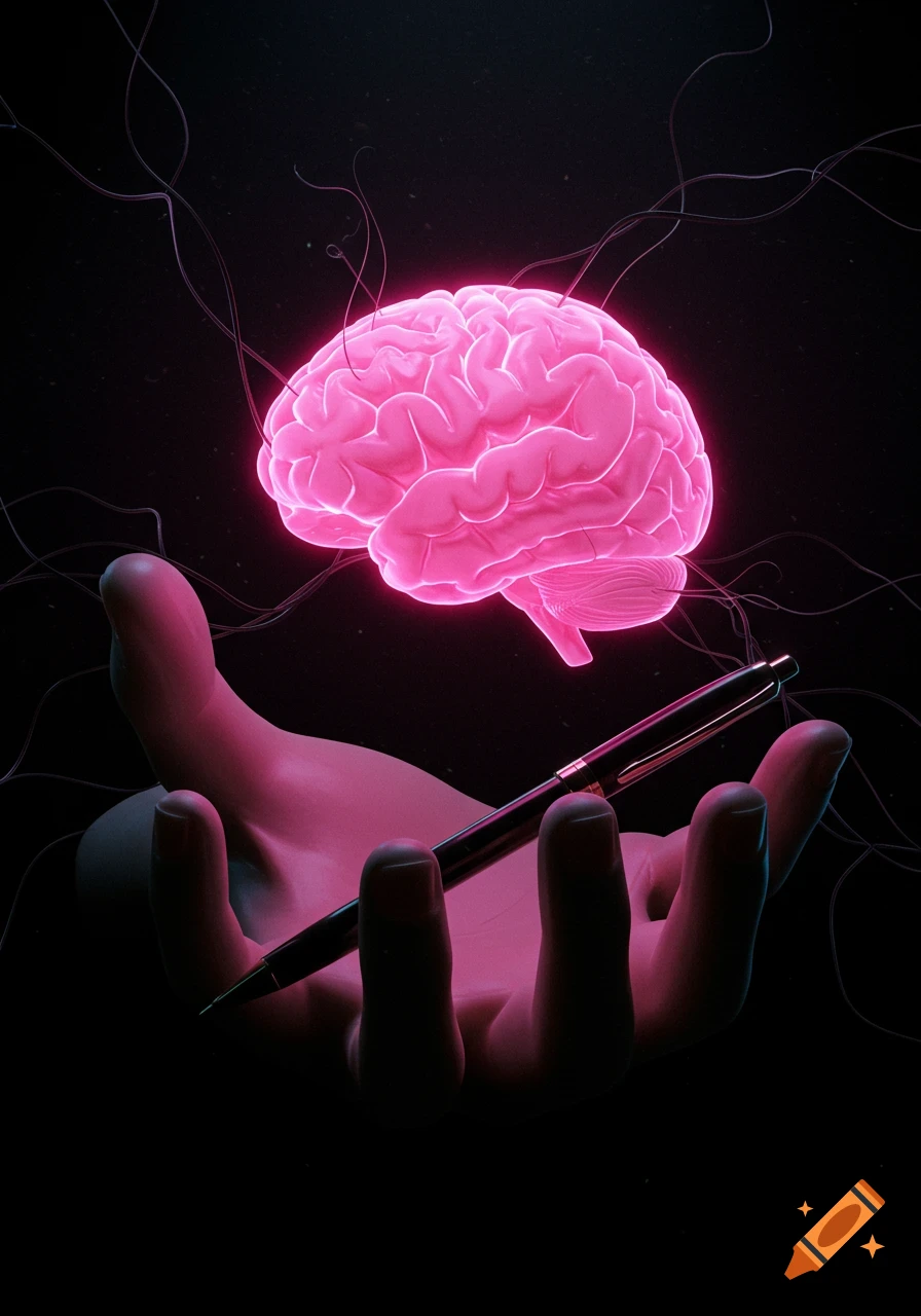 A glowing pink brain floats above an open hand holding a black pen, against a dark background in a 3D render style.
