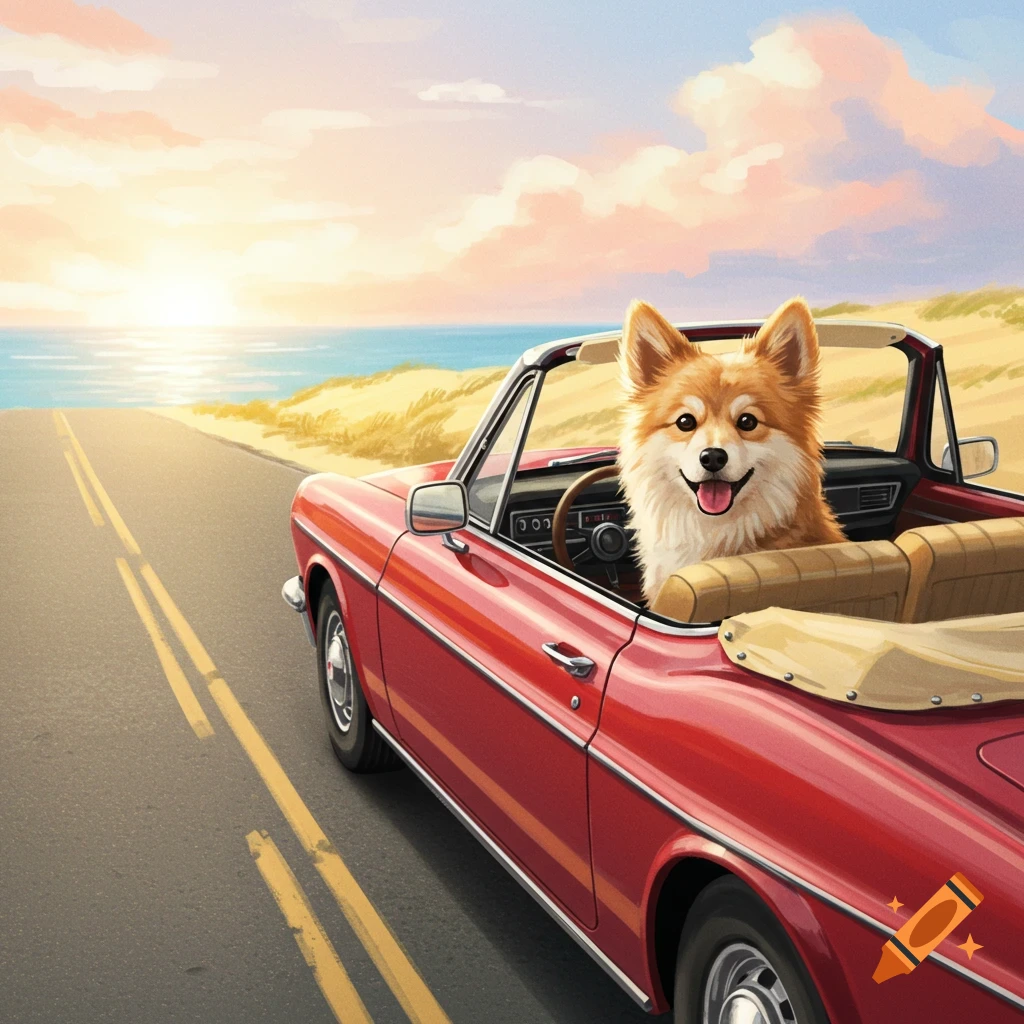 A cute, happy dog drives a red convertible along a coastal road with a beach and ocean at sunset, in a cartoon art style.