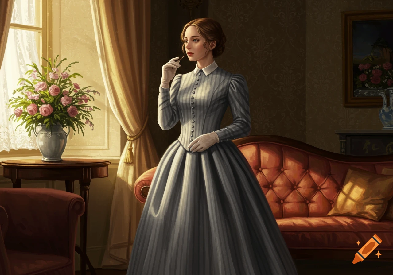 A young 19th-century woman in a striped grey dress and white gloves stands in a richly decorated room with a vase of pink roses.