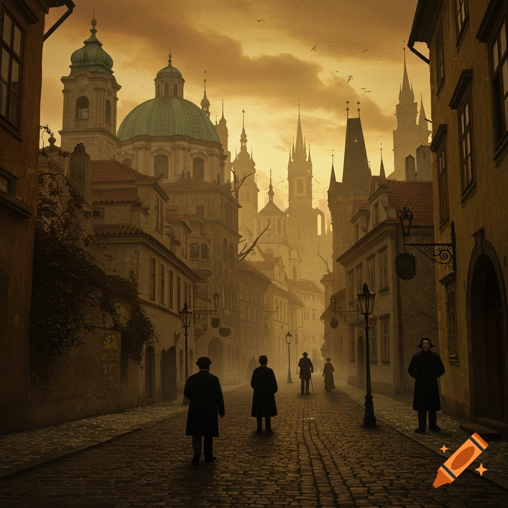 Painting of a foggy, cobblestone street in old Prague with figures in period clothing and towering gothic architecture.