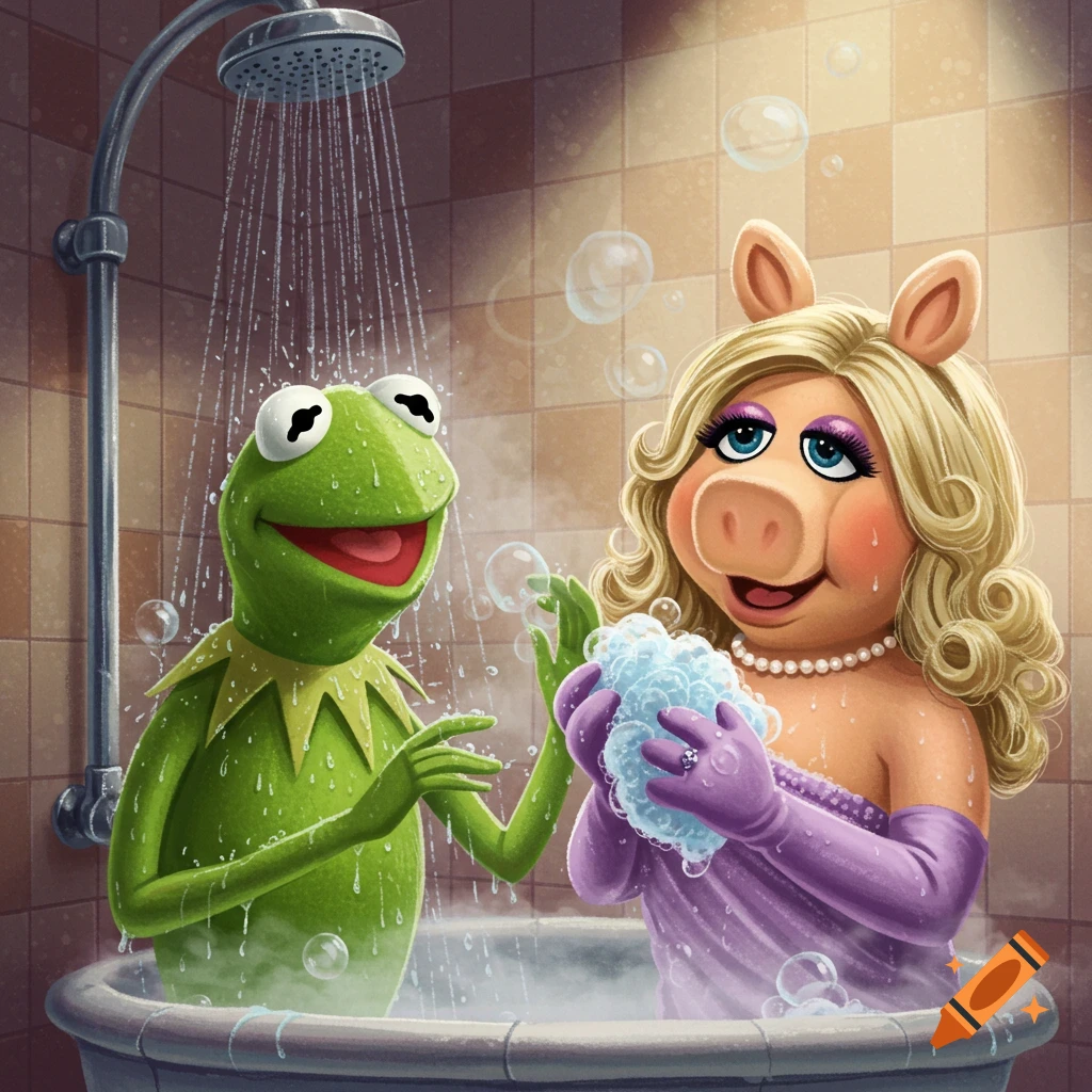 Kermit the Frog and Miss Piggy splash happily in a bathtub under a shower, with Miss Piggy holding a sudsy sponge.