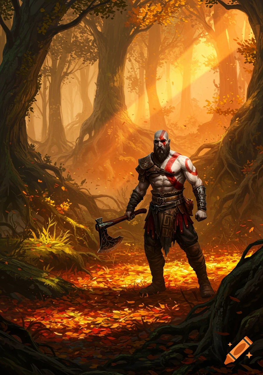 Kratos, a muscular, pale man with a red marking across his body and a beard, stands in an autumn forest holding an axe.
