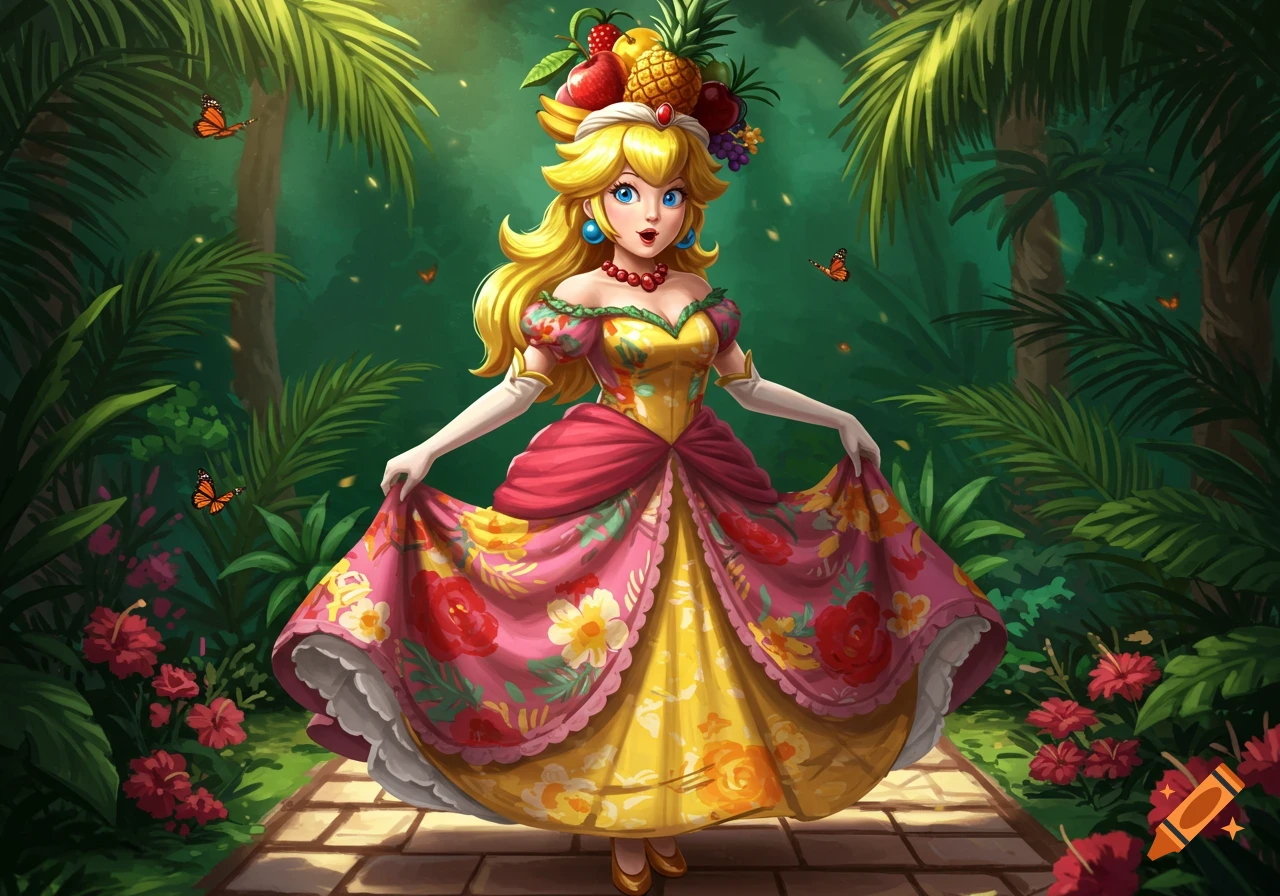 Princess Peach in a Carmen Miranda-style vibrant floral dress and fruit hat, standing on a jungle path with tropical plants and butterflies. Stylized.