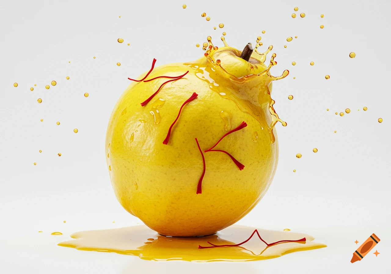 Photorealistic close-up of a yellow quince with red saffron threads and splashing yellow liquid on a white background.
