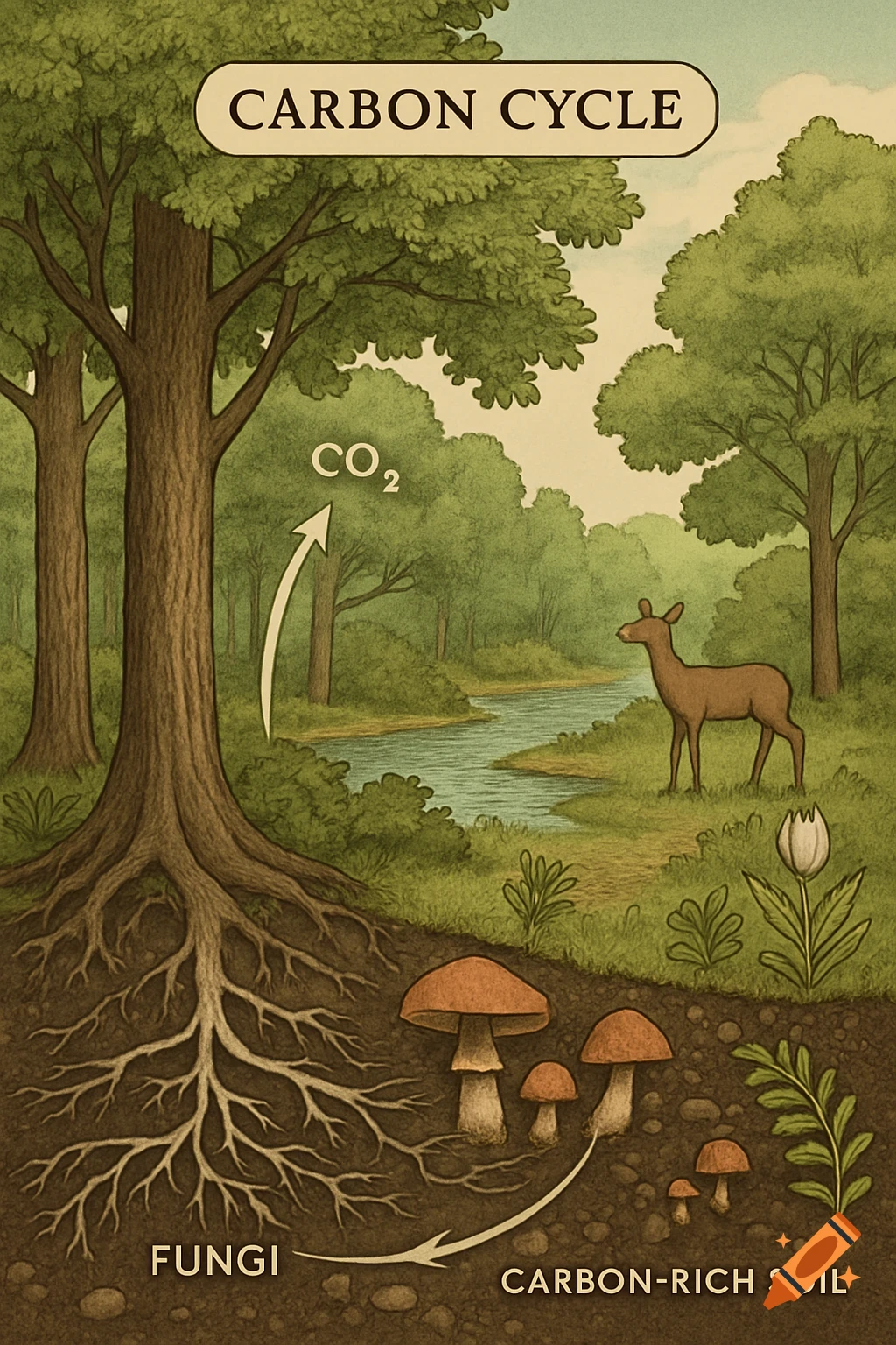 Educational illustration of the carbon cycle with a tree, roots, fungi, river, deer, and text labels.