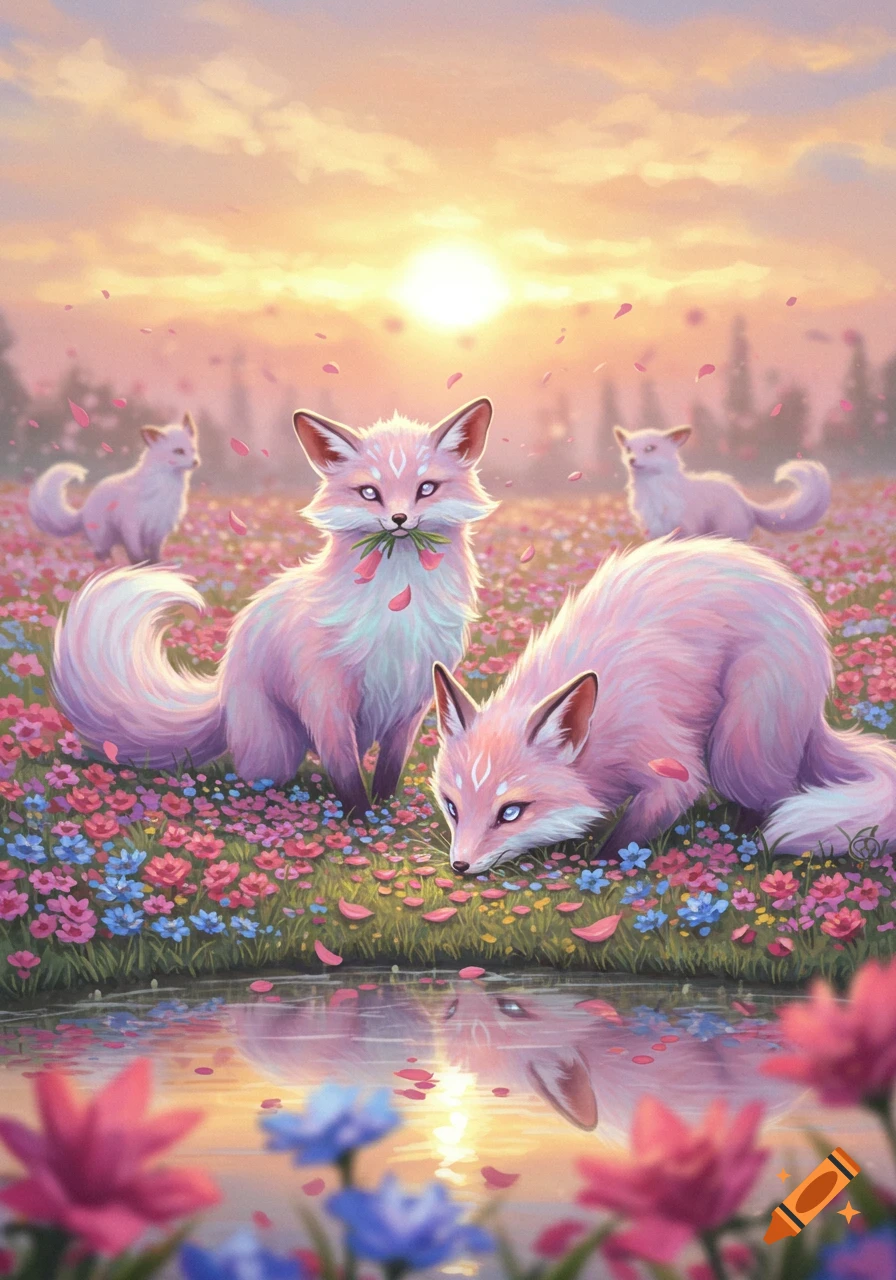 Pastel pink fantasy fox-like creatures in a vibrant flower field at sunset, with a pond reflection.