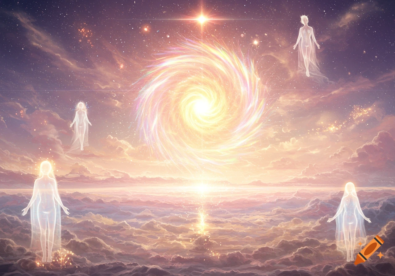 Ethereal human figures float above clouds under a starry sky with a brilliant swirling galaxy and glowing light. Fantasy art.