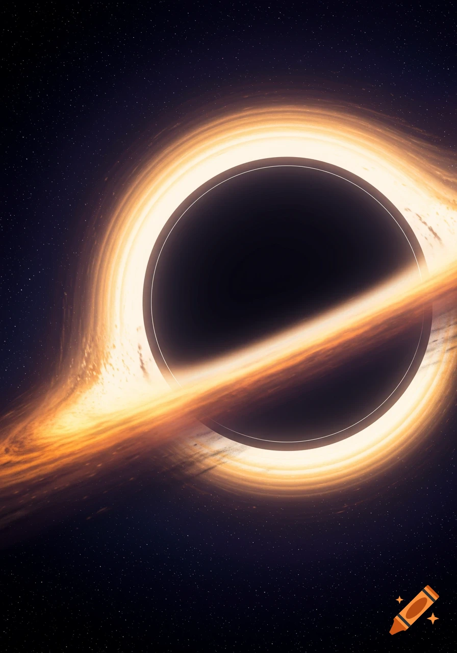 A black hole in deep space with a bright orange and white accretion disk and a field of stars.