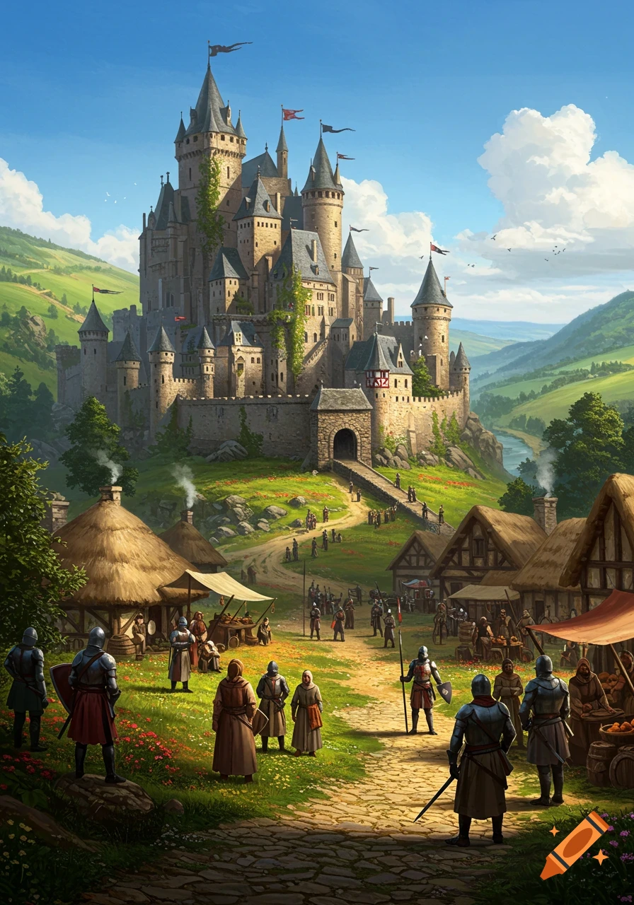 A grand medieval castle overlooks a bustling village marketplace with armored knights and villagers on a sunny day.