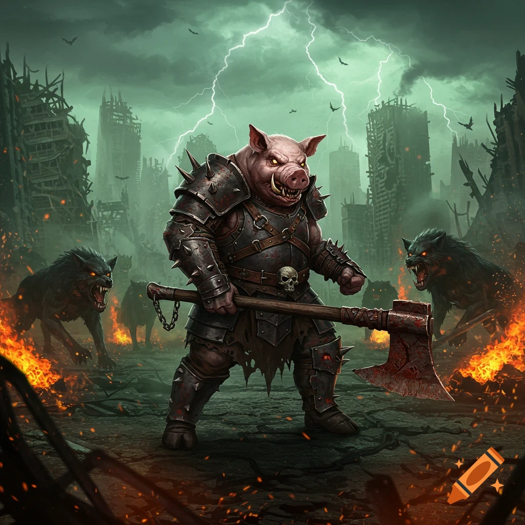 Armored pig warrior with a bloody axe stands against glowing-eyed demon wolves in a burning, lightning-lit post-apocalyptic city.