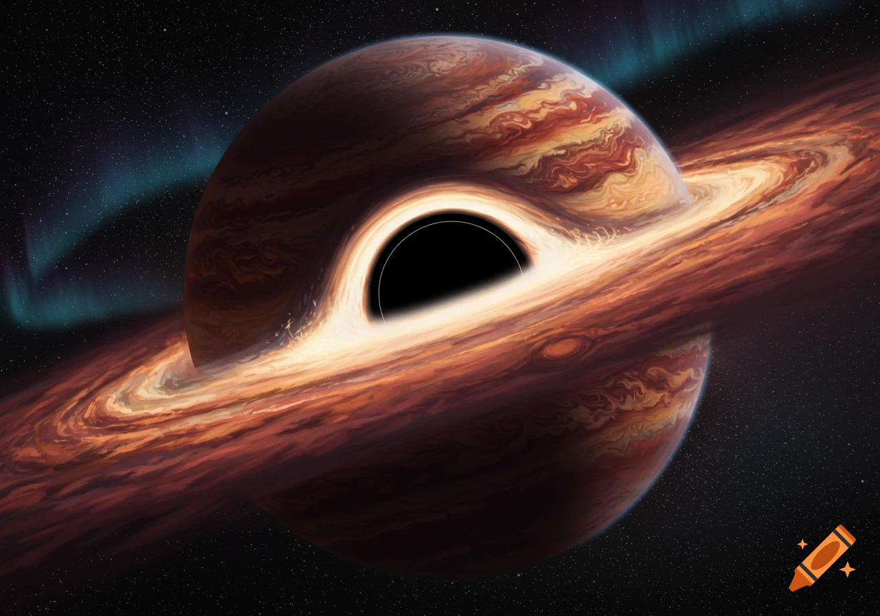 A massive, swirling Jupiter-like planet with a bright orange accretion disk around a central black hole, against a starry sky with a turquoise aurora.