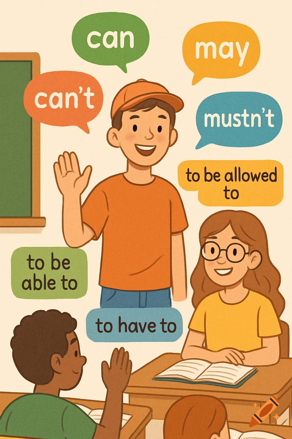 Cartoon illustration of a boy and girl in a classroom with speech bubbles showing modal verbs like 'can', 'may', 'mustn't'.