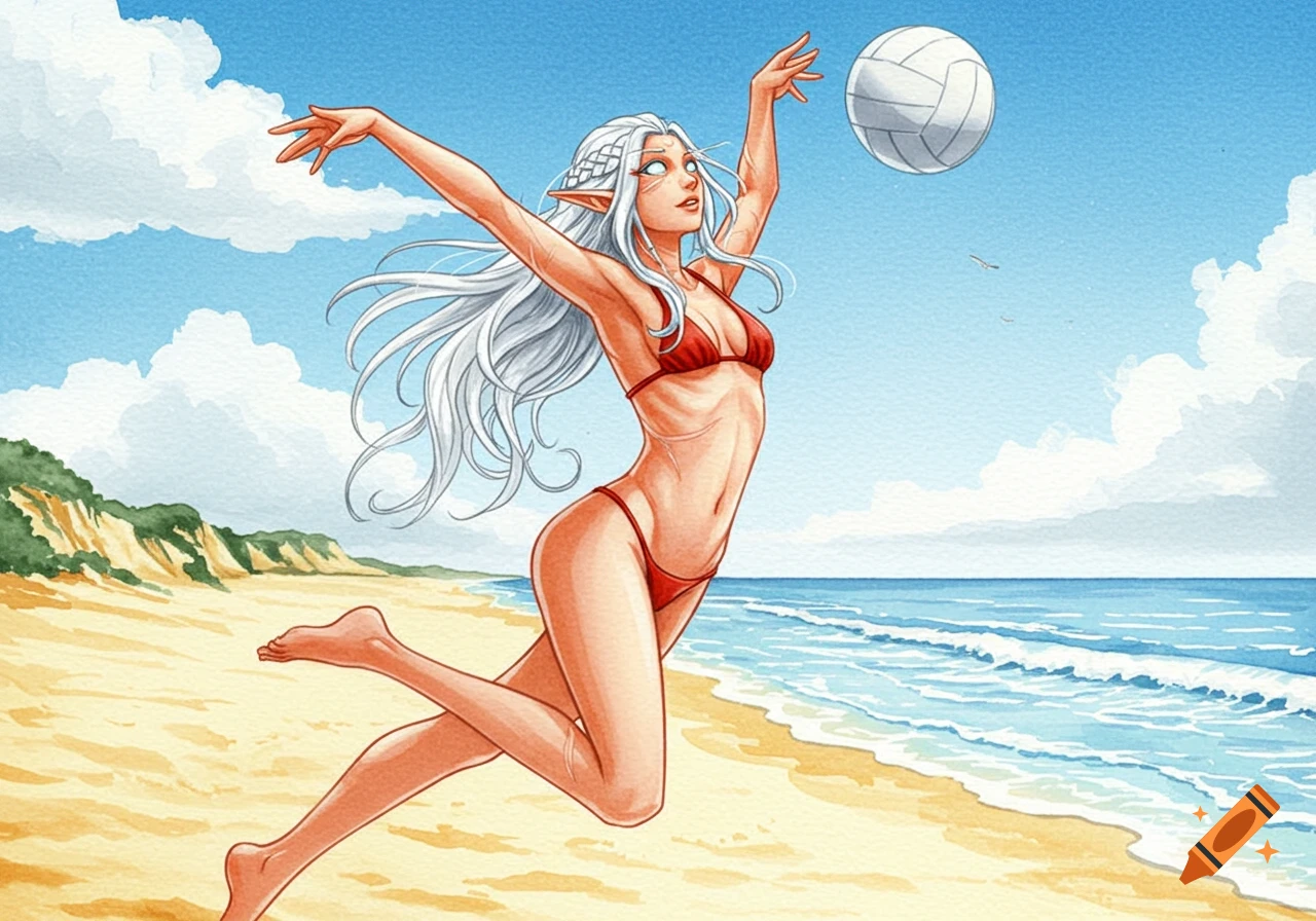 A watercolor illustration of an elf woman with long silver hair in a red bikini, jumping to hit a volleyball on a sunny beach.
