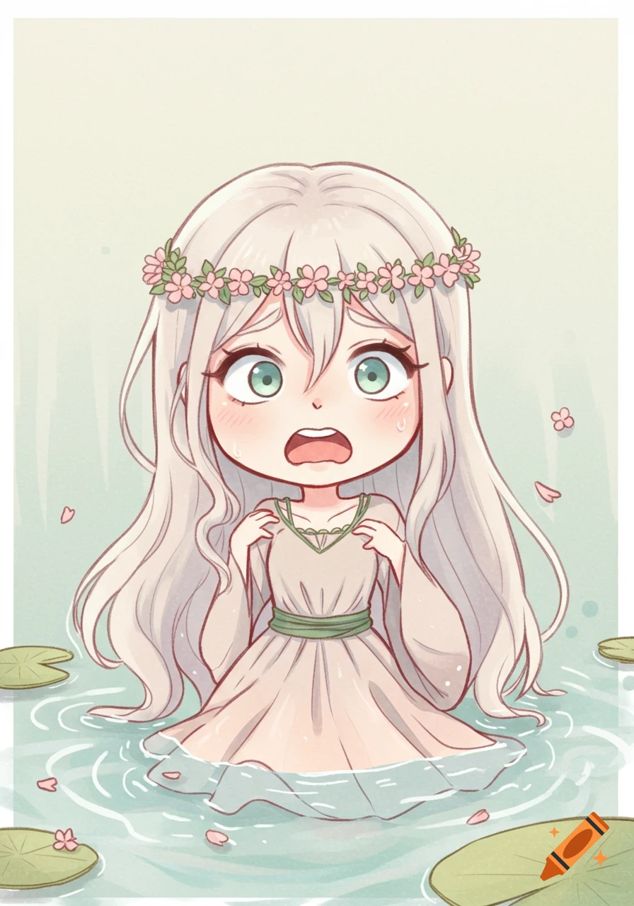 Chibi girl with white hair and flower crown in water, eyes wide in panic, mouth open. Lily pads and flower petals float around her.