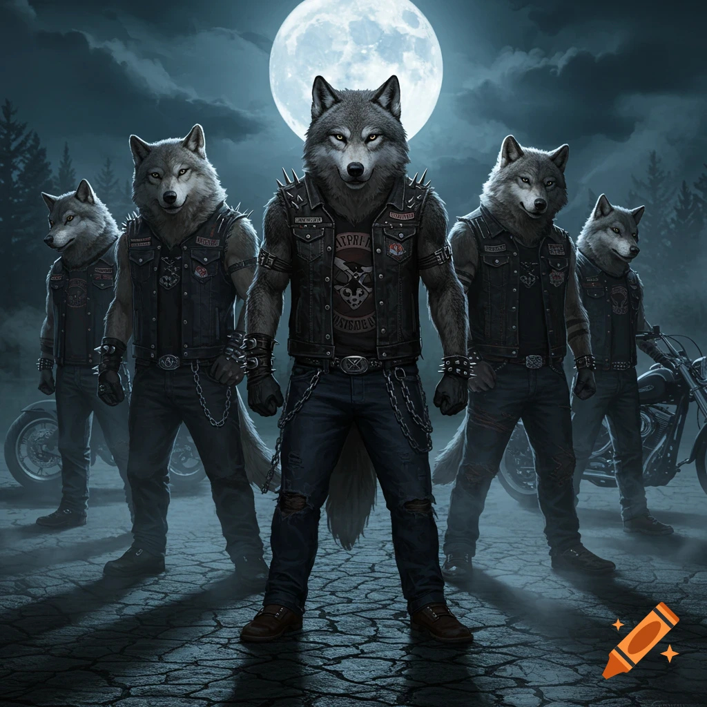 A pack of anthropomorphic wolf bikers in leather vests, standing under a full moon, with motorcycles in the background.