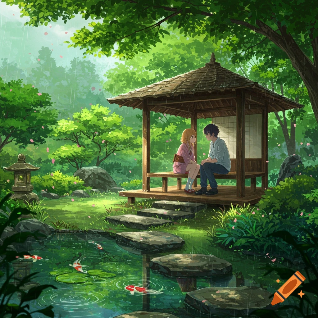 Anime couple sits in a wooden gazebo during a gentle rain in a lush green Japanese garden with a koi pond.