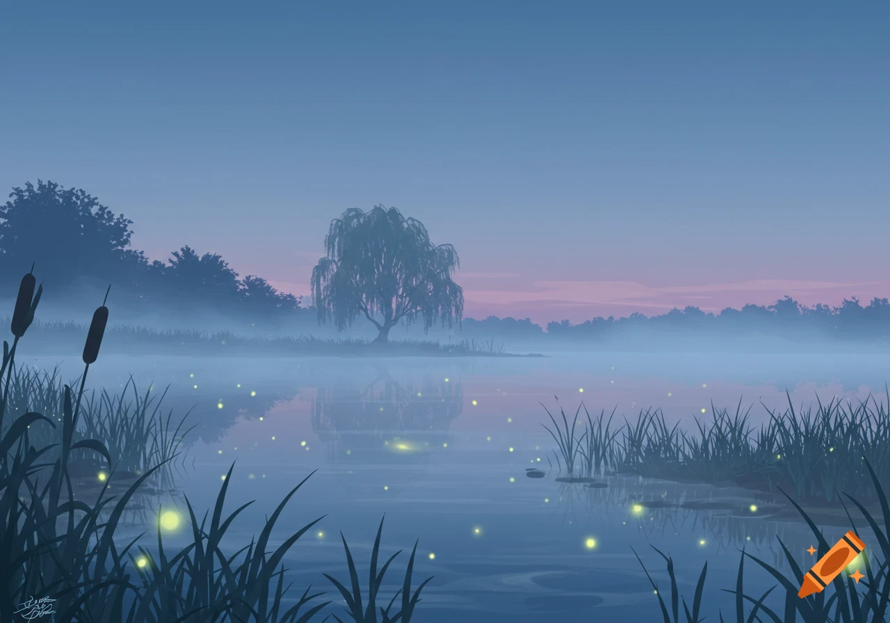Illustrated scene of a misty lake at twilight with a lone willow tree and glowing fireflies.