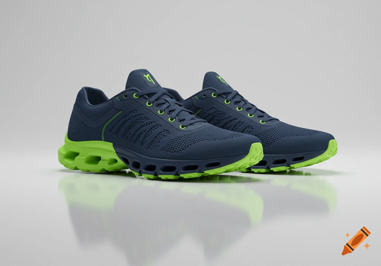 A pair of dark blue and bright green athletic shoes with unique soles, presented on a reflective white surface.