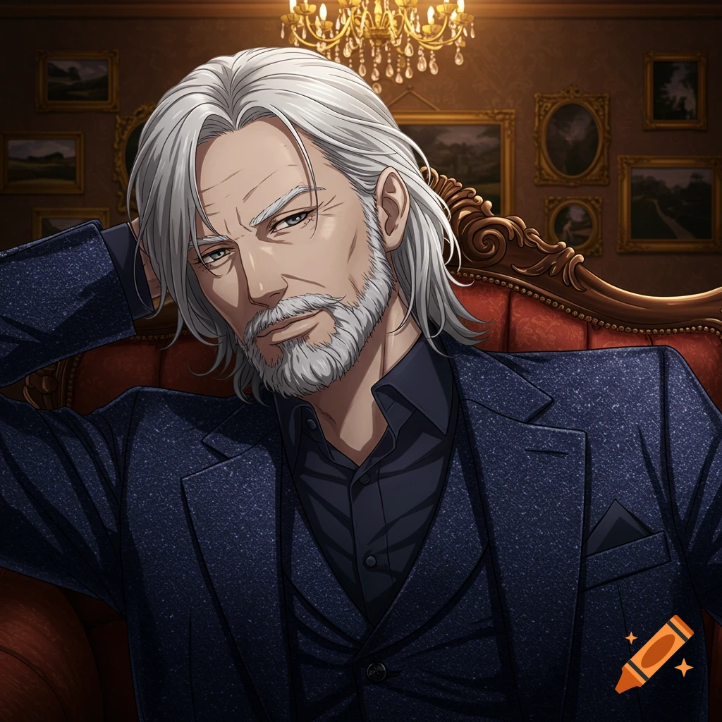 Anime portrait of a handsome old man with gray hair and beard, wearing a suit, leaning back in a luxurious room.