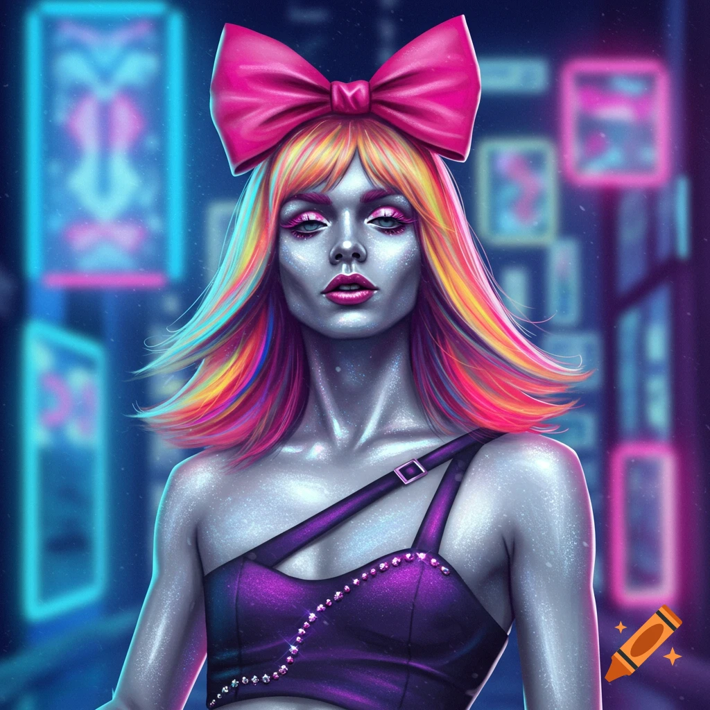 Stylized portrait of a person with silvery skin, rainbow hair, and a pink bow, in a neon cyberpunk city.