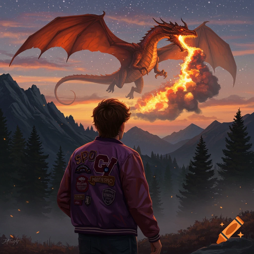 A person in a purple jacket watches a fire-breathing dragon fly over a mountainous twilight landscape.