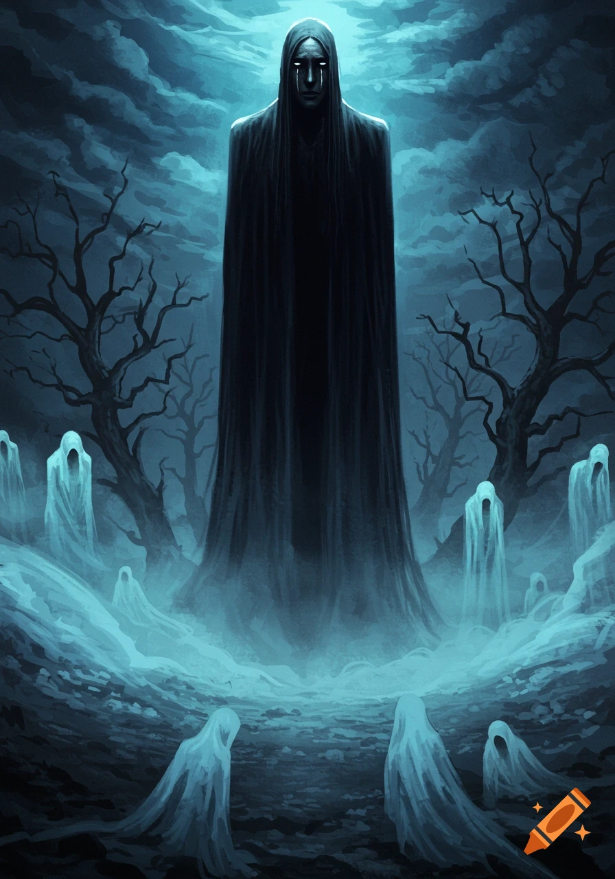 A tall, hooded figure with glowing tears stands in a dark, misty forest among smaller spectral ghosts, in an eerie symbolic painting.