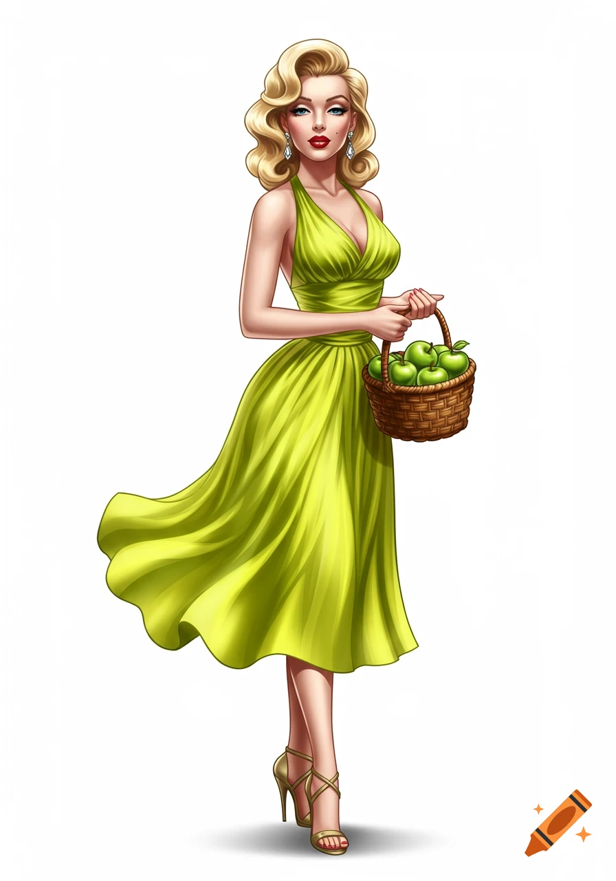 Glamorous blonde woman in a lime green dress holding a basket of green apples, stylized illustration.