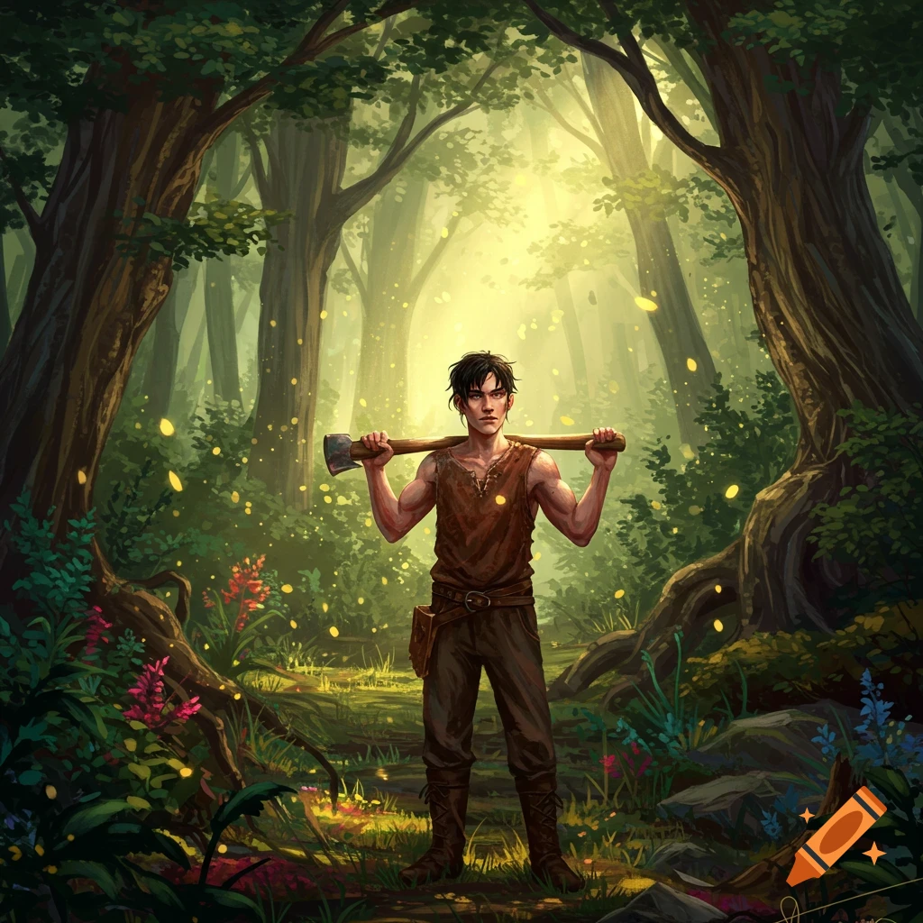 A young, dark-haired woodcutter stands in an enchanted forest, holding an axe over his shoulders. Fantasy art.