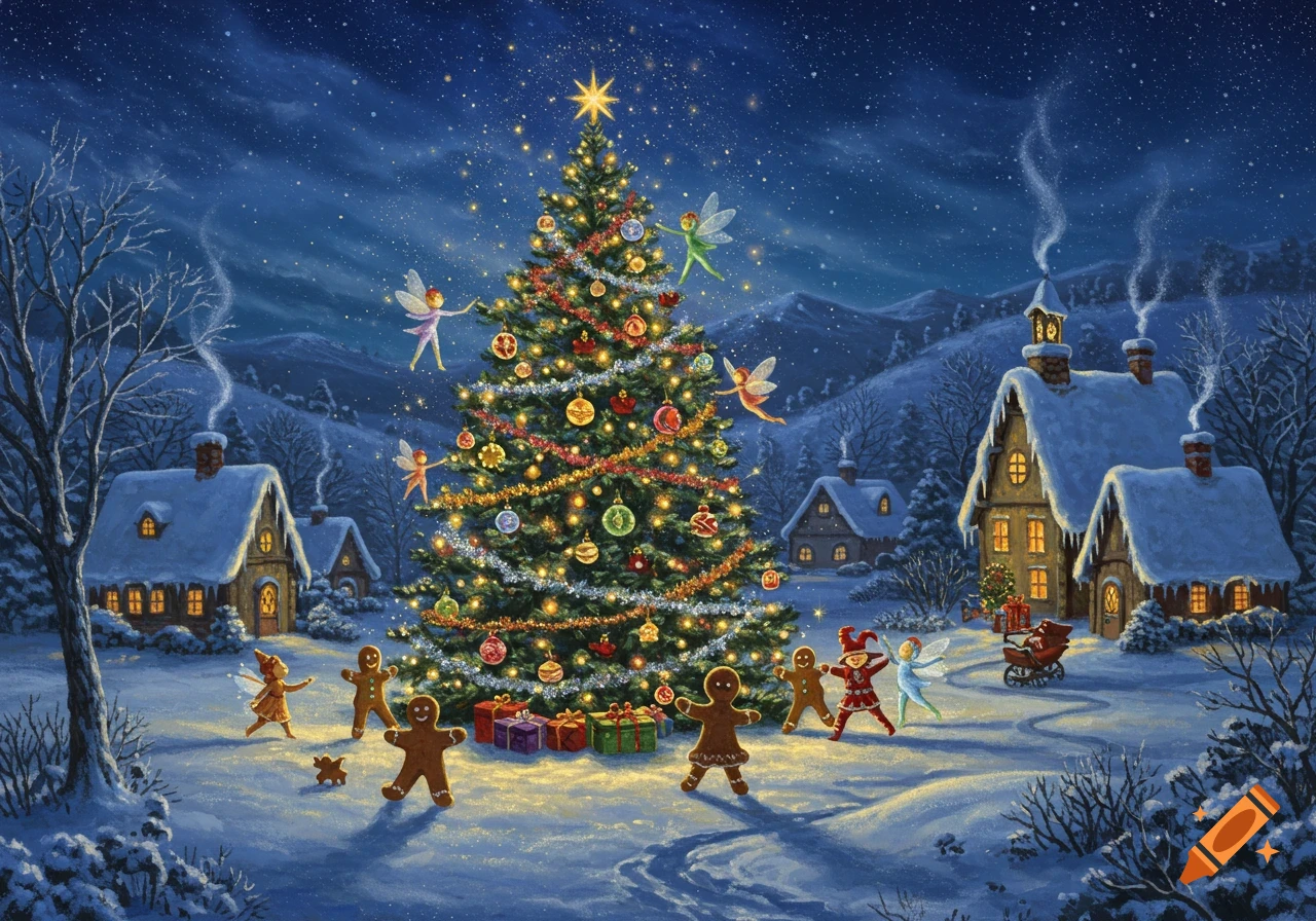 A magical Christmas scene at night with a brightly lit Christmas tree, gingerbread men, and fairies in a snowy village.
