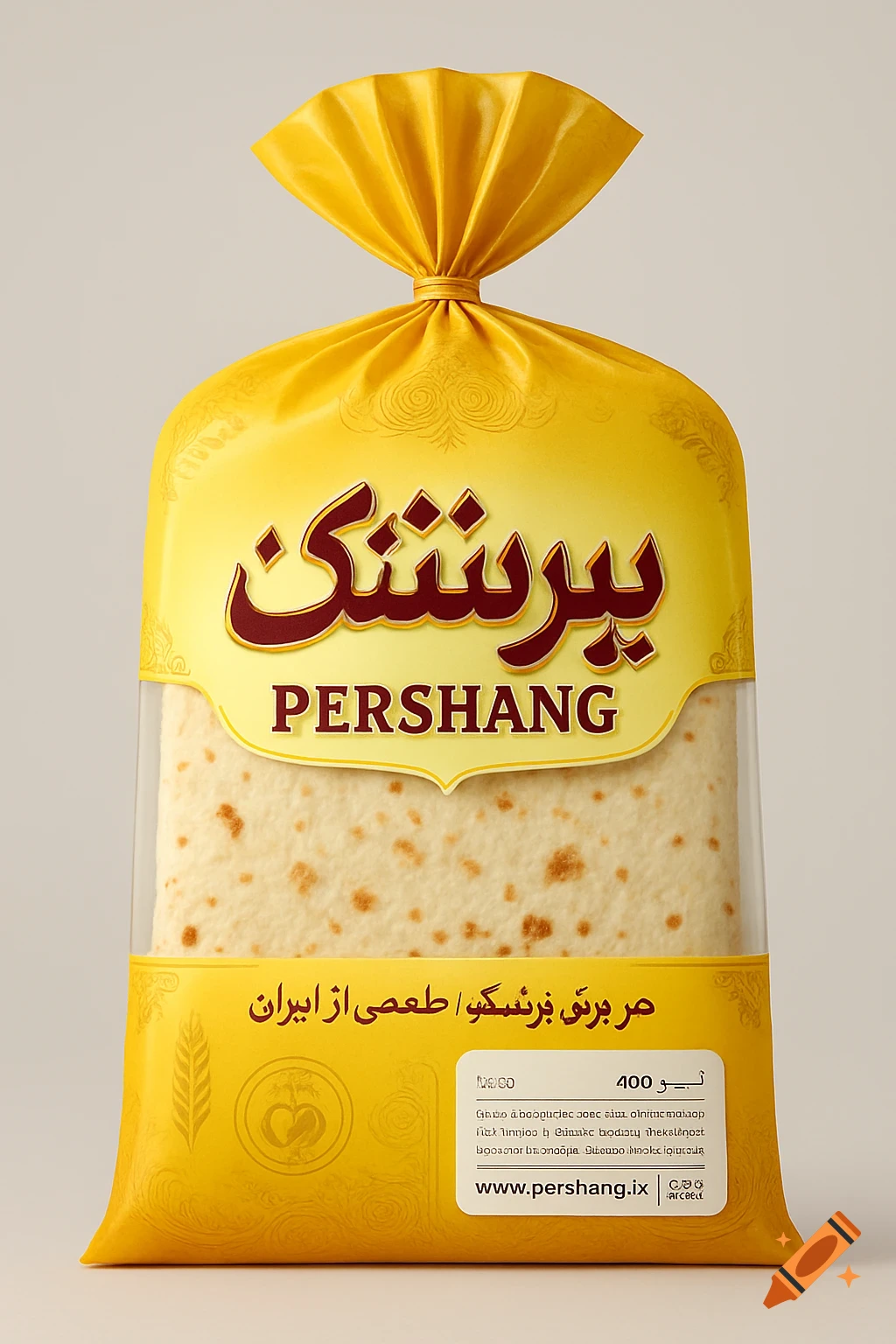 Photorealistic image of a yellow and clear plastic bag of lavash bread for the brand Pershang, with Persian and English text.