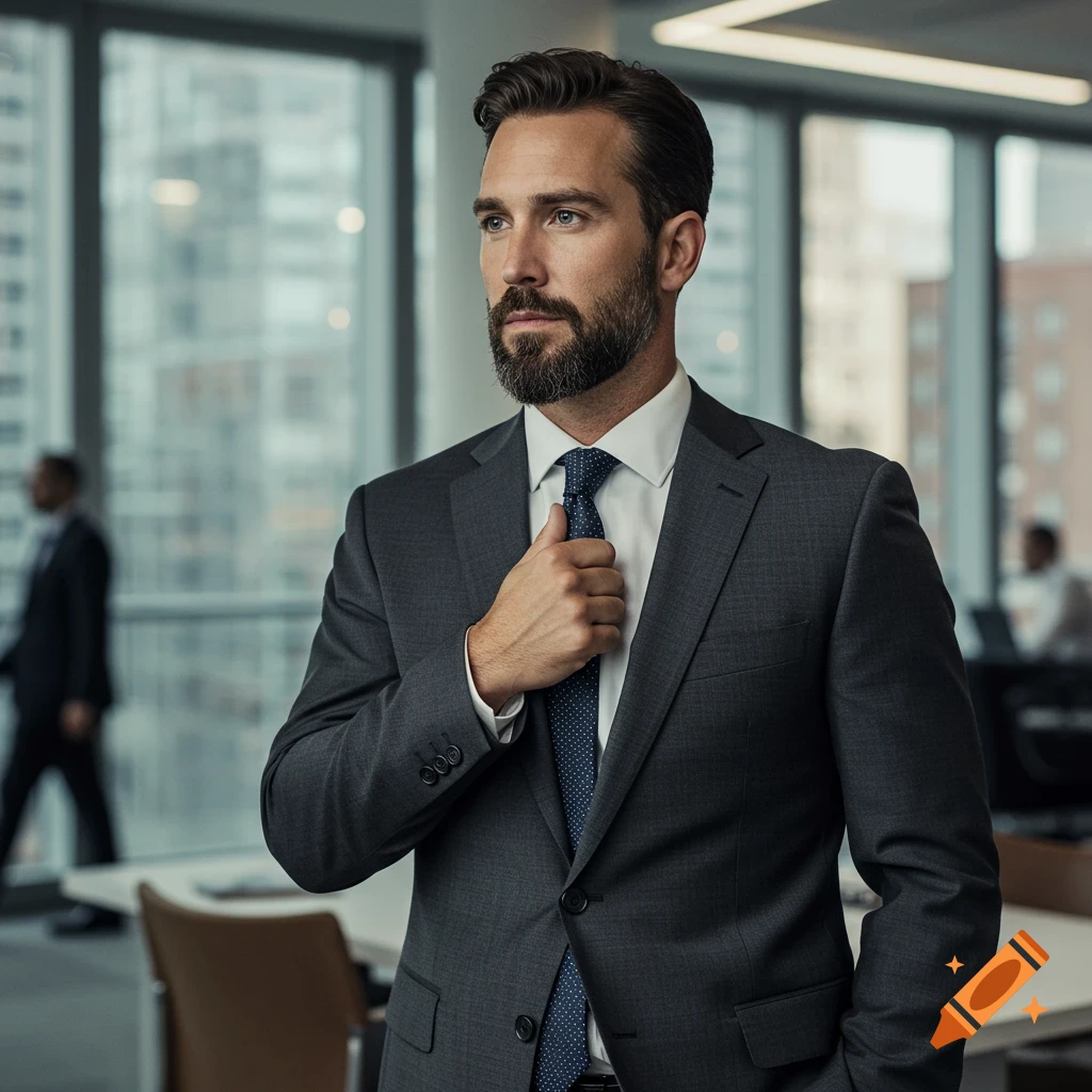 A photorealistic portrait of a stylish man in a grey suit and blue tie, adjusting his tie in a modern office.