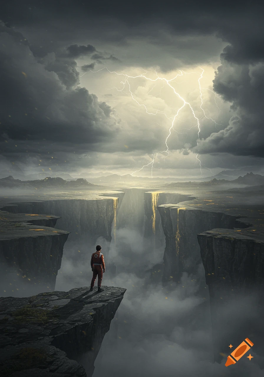 A person in an orange suit stands on a cliff edge overlooking a misty chasm, beneath a sky illuminated by dramatic lightning.
