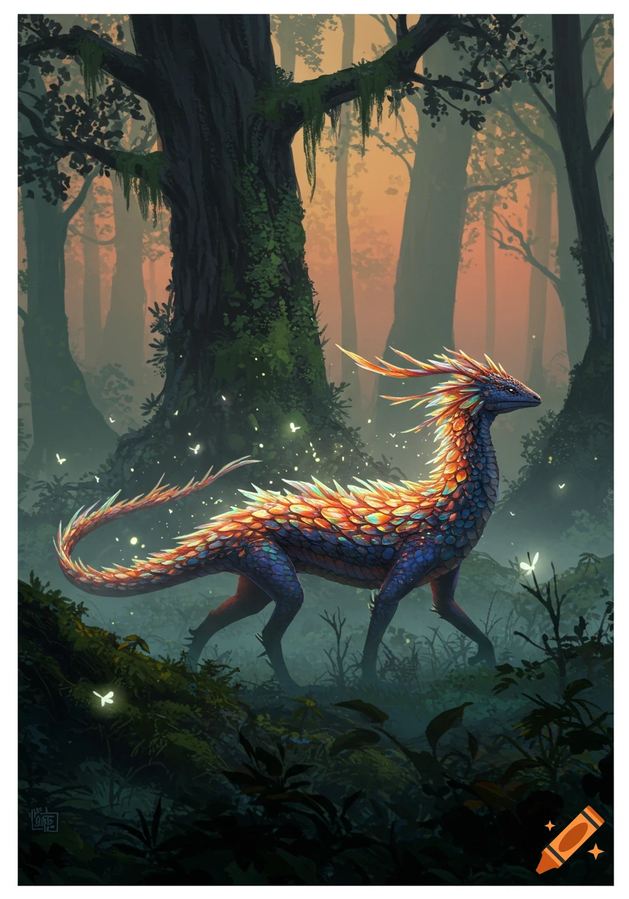 A colorful, scaly fantasy creature with feathery plumage walks through a mystical, mossy forest with glowing light particles.