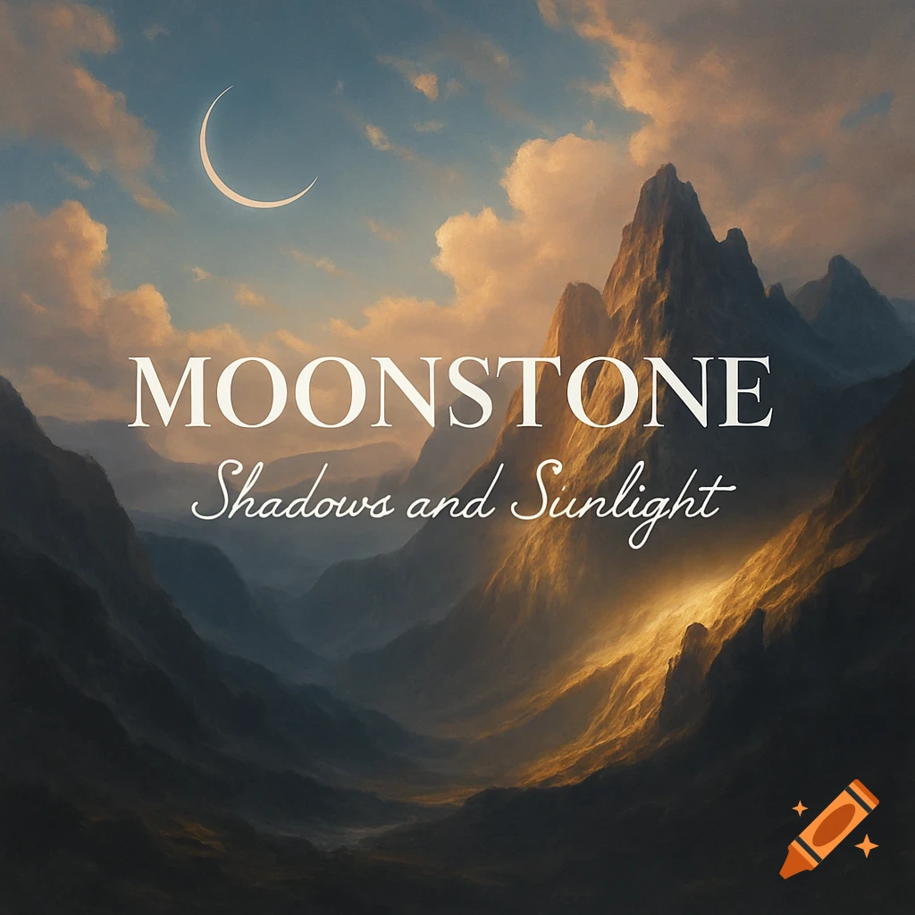 Artistic landscape with a crescent moon above dramatic mountains and valleys, featuring text 'MOONSTONE Shadows and Sunlight'.