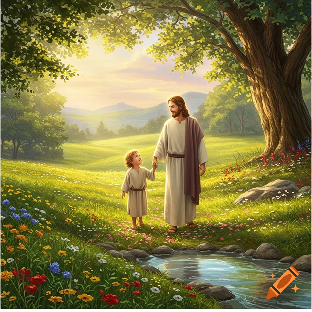 Jesus and a child walk hand-in-hand through a vibrant, sunlit meadow with wildflowers and a stream, in a peaceful painterly style.