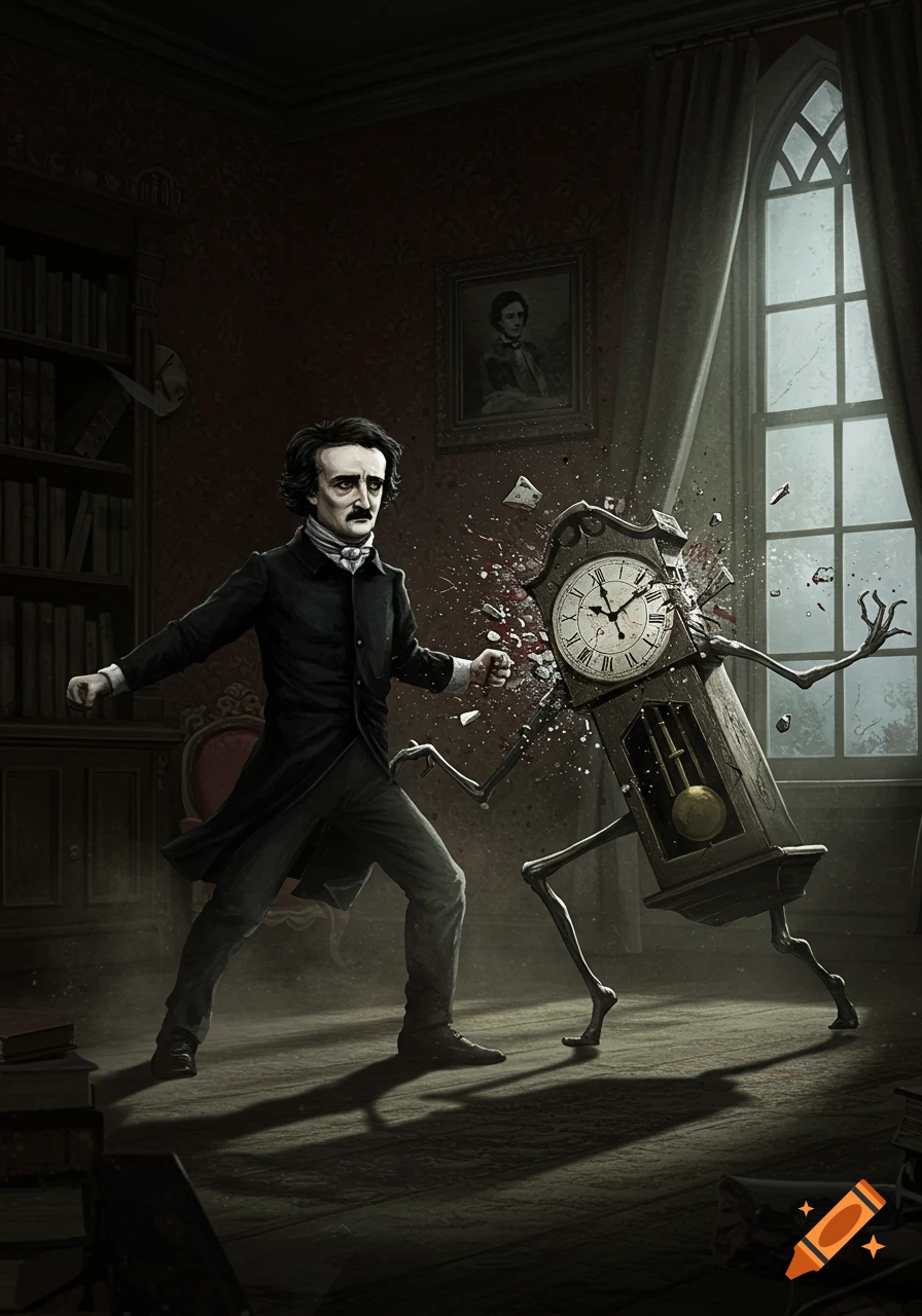 Edgar Allan Poe in a dark, gothic room, smashing a walking grandfather clock with arms and legs.