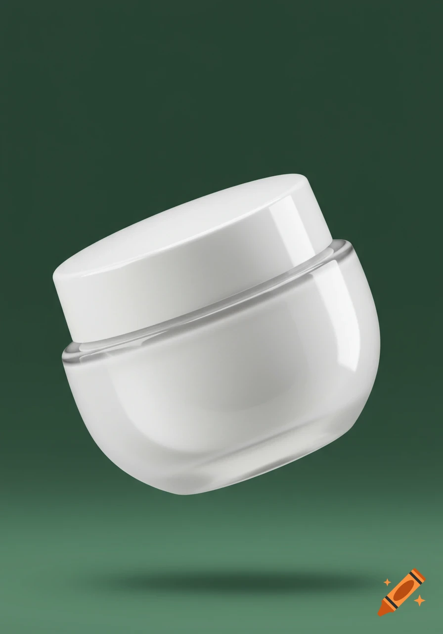 A white, oval, shiny cosmetic cream jar with a flat white cap, floating against a dark green background.