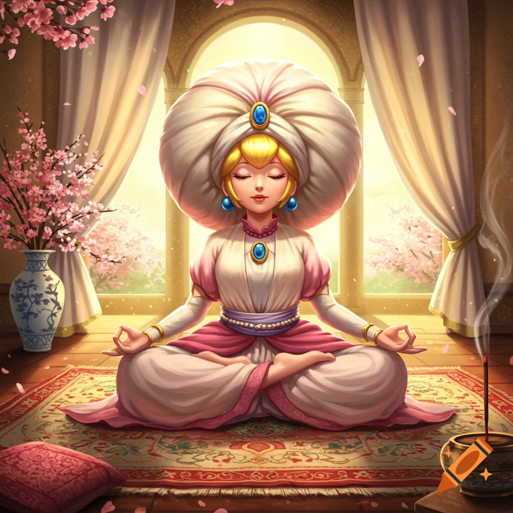 Princess Peach in a large turban meditates in a lotus pose on a patterned rug, surrounded by cherry blossoms and incense in a vibrant digital art style.