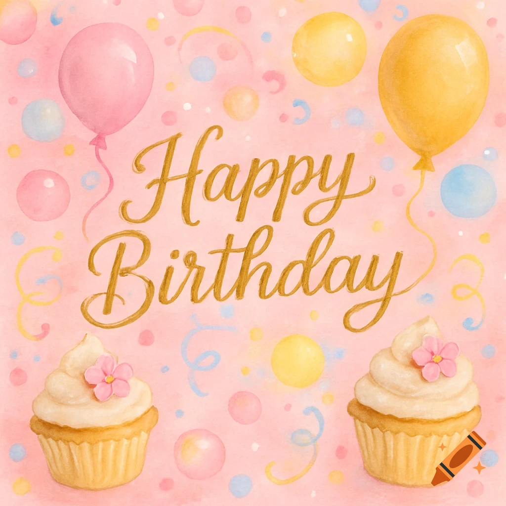 Watercolor birthday card with "Happy Birthday" text, pink and yellow balloons, confetti, and two cupcakes.