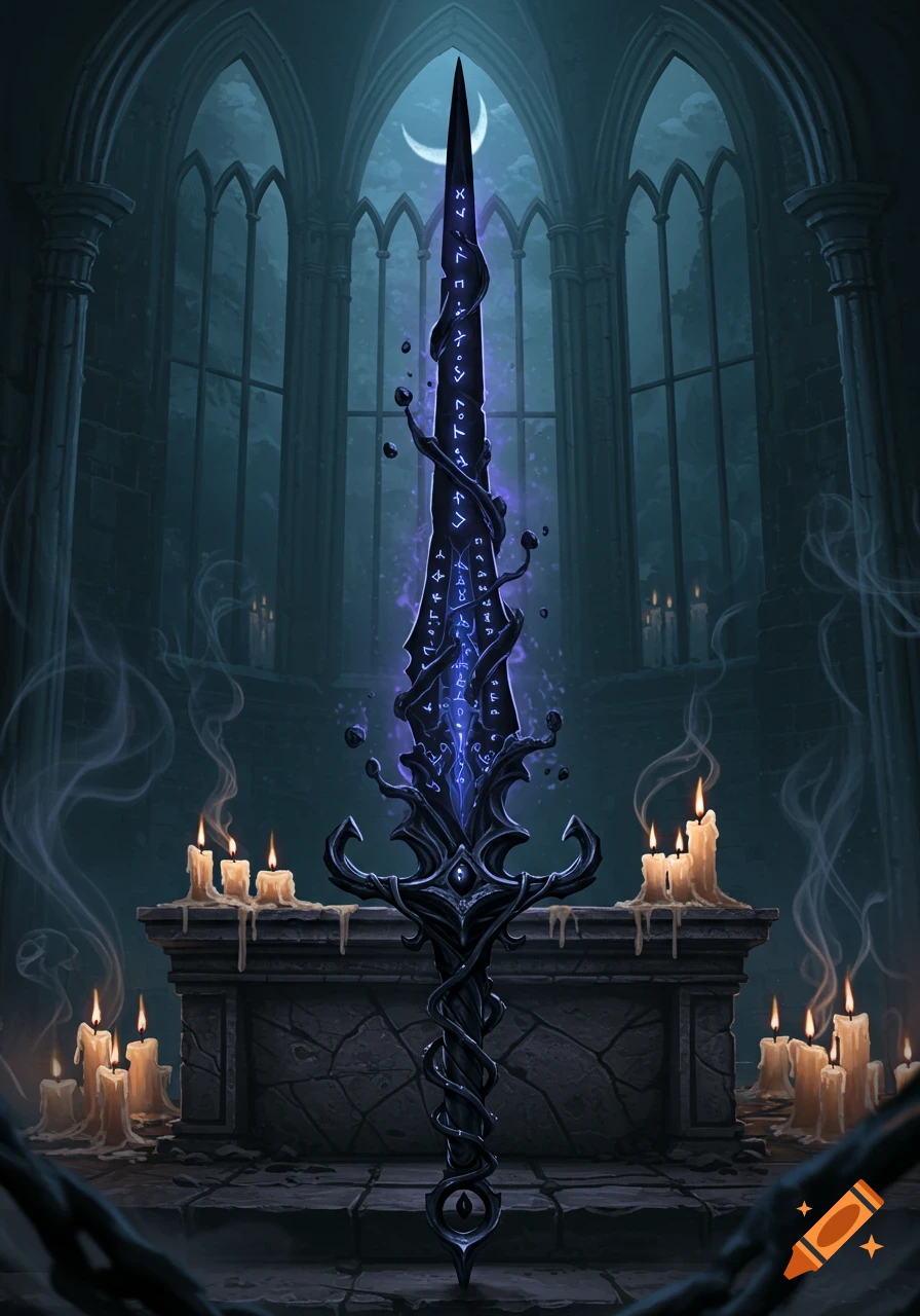 A black, glowing magic sword with runes stands on a stone altar surrounded by lit candles in a dark gothic chamber with arched windows and a crescent moon.
