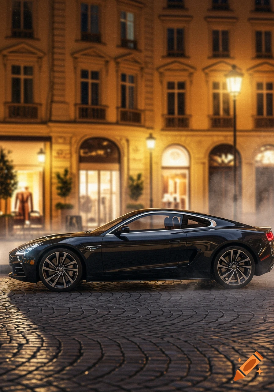 Sleek black luxury sports car parked on a cobblestone street in front of a warmly lit historical building at night, photorealistic.