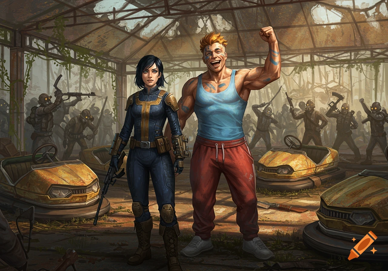 A confused woman in a dark blue vault suit and a grinning, muscular man in a tank top stand in a ruined bumper car arena with raiders in the background. Game art style.