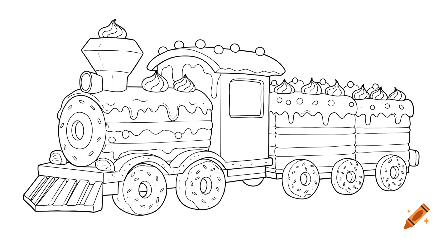 Simple black and white line drawing of a cartoon train made of cake with frosting, gum drops, and donut wheels.