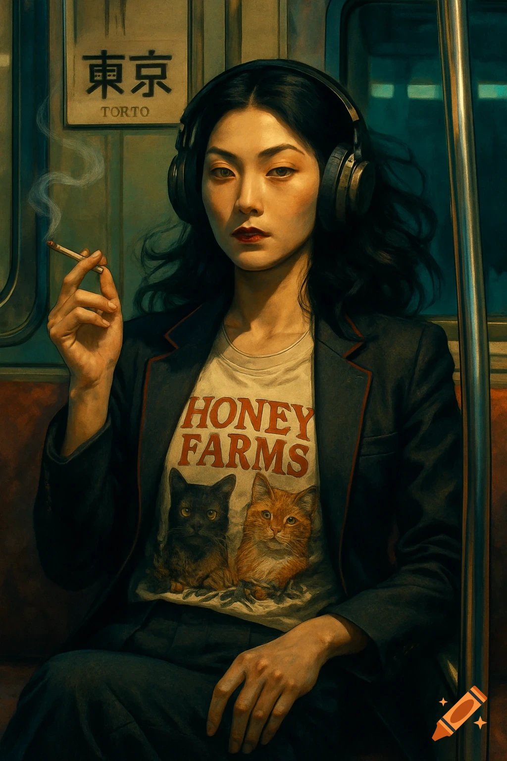 A stylized portrait of a woman with dark hair and headphones, holding a cigarette, on a subway. She wears a t-shirt with two cats and 'Honey Farms' text.