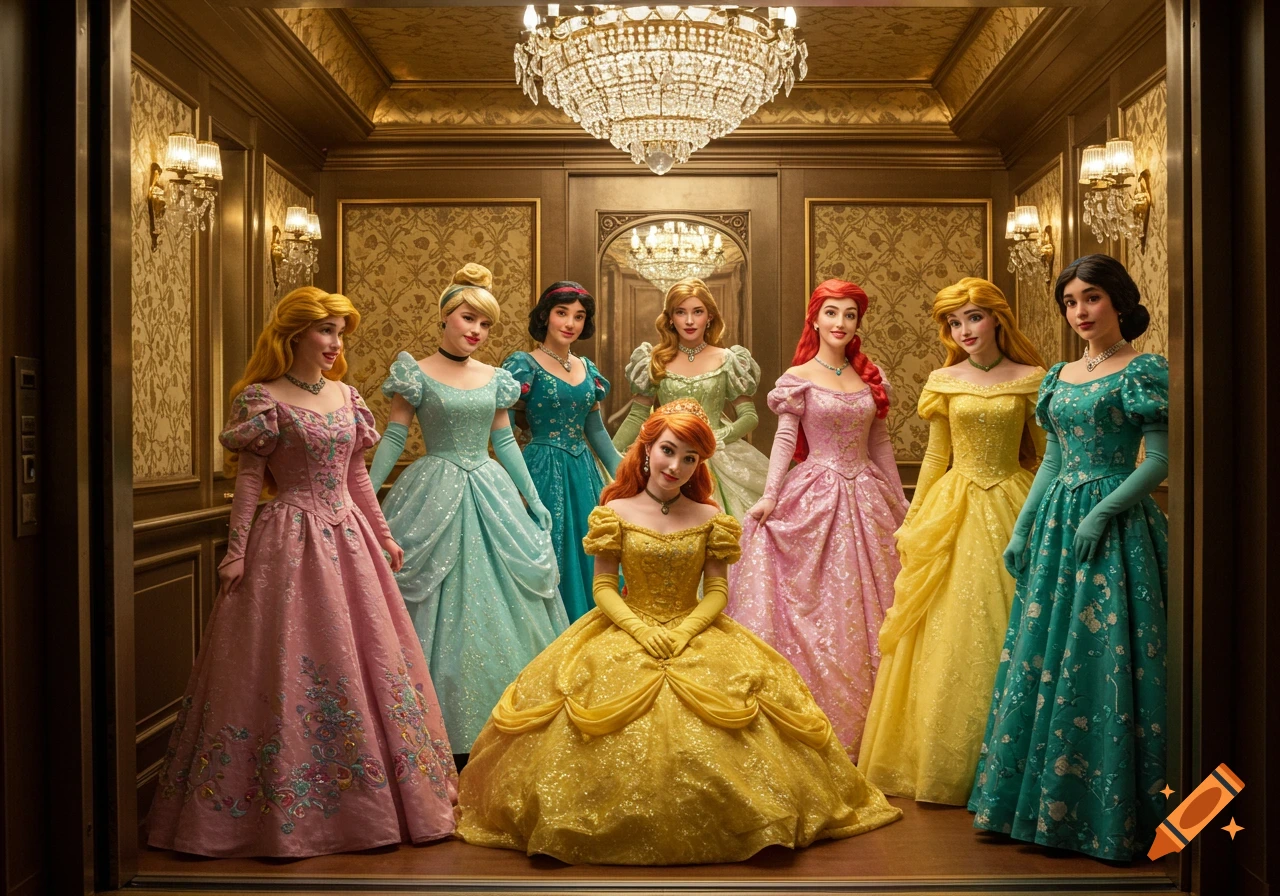 Eight photorealistic women in elaborate princess gowns stand elegantly inside a luxurious, ornate elevator with a chandelier.